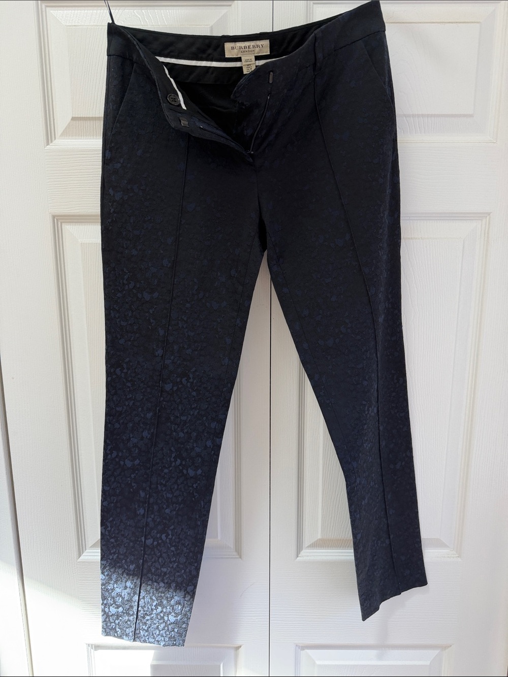 Burberry London Black Blue Animal Leopard Jacquard Tailored Trousers Pants Sz 4